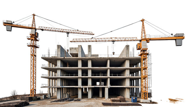 Construction Site with Building Under Development and Cranes Isolated on Transparent Background for Architectural and Real Estate Use