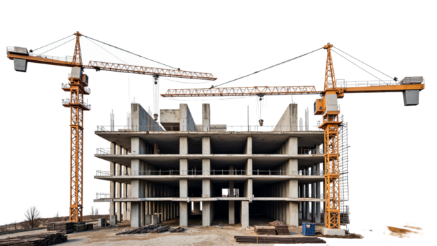 Construction Site with Building Under Development and Cranes Isolated on Transparent Background for Architectural and Real Estate Use