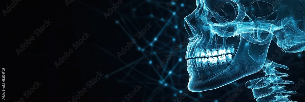 Poster blueprint of a jawbone with implants displayed on a dark medical background, showcasing glowing skel