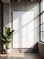 "Blank Poster Mockup in Stylish Industrial Loft with Gentle Sunlight"