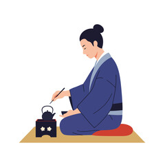 Woman performing traditional tea ceremony in minimalist design vector art