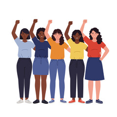 Fototapeta premium Group of diverse women celebrating with raised fists in flat vector illustration