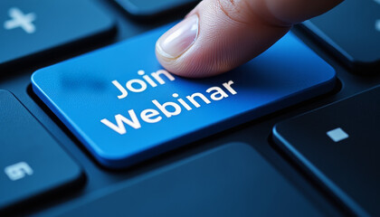 Finger clicking "Join Webinar" button on keyboard, digital connection
