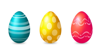 Set Easter colored yellow, blue, red eggs, holiday symbol, vector.