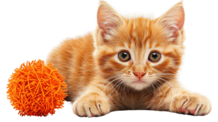 Adorable ginger tabby kitten resting on a plain white background with its wide eyes and curious expression capturing the viewer s attention  The soft