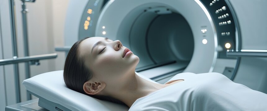 Female patient is lying with her eyes closed in a computed tomography scanner in a modern clinic