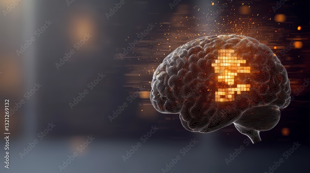Poster abstract representation of a digital brain with glowing pixels and flowing lights in a dark backgrou