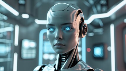 Advanced robotic humanoid with striking blue eyes in a futuristic environment showcasing technology and innovation.