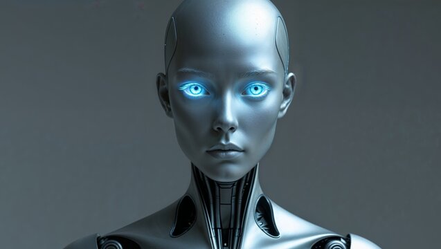 Futuristic humanoid robot with glowing blue eyes and sleek design. - Powered by Adobe
