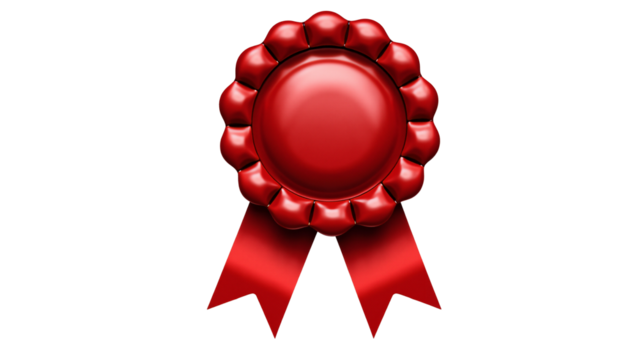 Vibrant Red Seal Badge with Ribbons Isolated on Transparent Background for Awards and Certifications