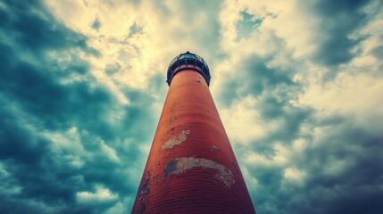 Impressive red lighthouse towering towards dramatic cloudy sky