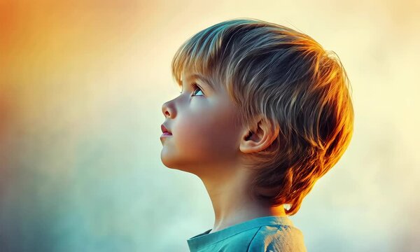 Young boy with blond hair gazing thoughtfully in soft lighting