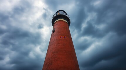 Little red lighthouse standing tall under stormy clouds