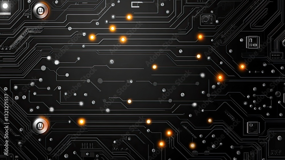 Poster Circuit board with illuminated components; abstract technology background; digital design; for tech articles