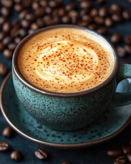 Close-up of a beautifully crafted latte in a textured cup surrounded by coffee beans