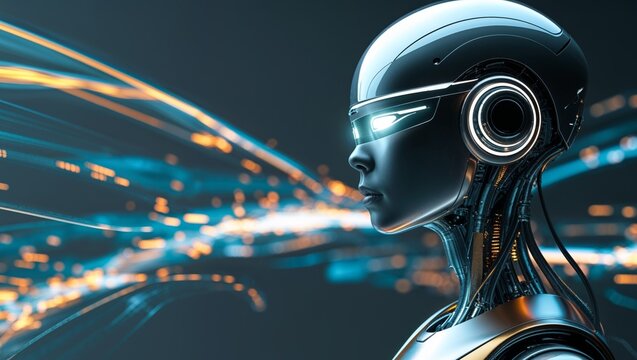 A futuristic robot with a metallic head observing glowing data streams