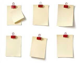 Blank notes, various sizes, on white background, attached with red clips
