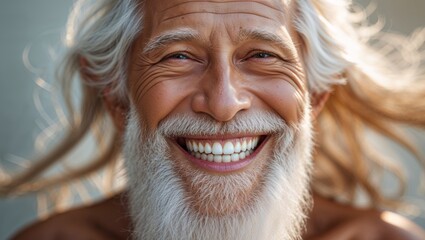 Close up of a smiling senior man with a white beard showing his perfect white teeth.