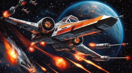 Naklejka premium X-wing fighter space battle planet background; sci-fi game art