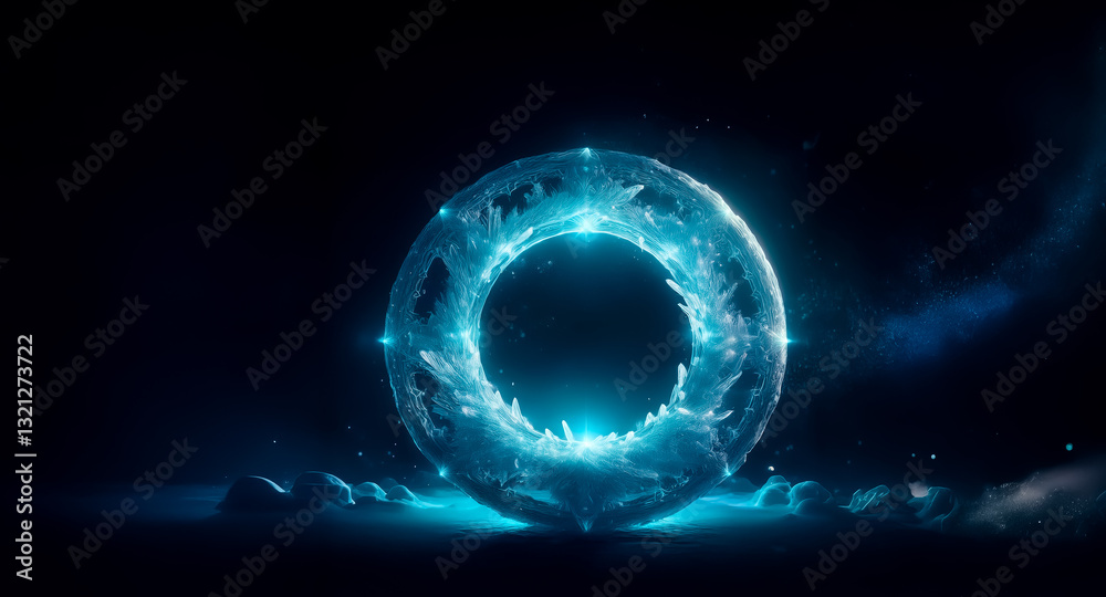 Aufkleber an abstract glowing blue ring with intricate details stands out against a dark background, creating 
