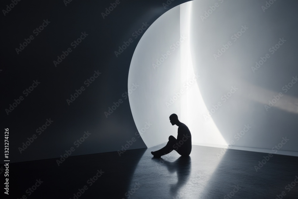 Poster a person sitting on the floor in a dimly lit space
