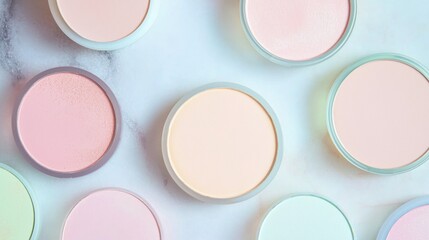 Collection of nine compact powder eyeshadow palettes arranged in a circular pattern on a light blue background. the palettes are of different shades of pink, peach, light blue, green, and light pink.