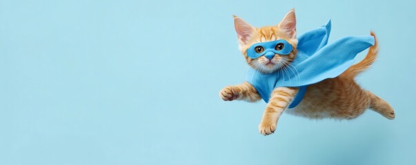 Obraz premium A courageous orange kitten wearing a blue superhero costume in flight