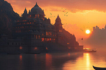 Fototapeta premium Breathtaking view of a Hindu temple illuminated by the golden light of the rising sun, with birds flying over the Ganges river