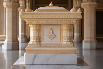 Fototapeta premium Ornate Jain scripture with golden accents resting on a marble pedestal, showcasing the rich artistic traditions of Jainism