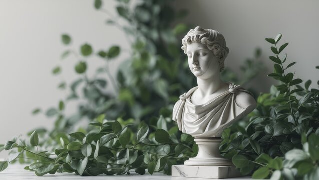 Classic Sculpture with Greenery for Text Overlay