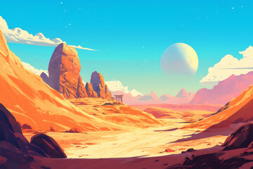 Vibrant surreal landscape featuring a torii gate in the middle of a desert, under a giant planet and a starry sky