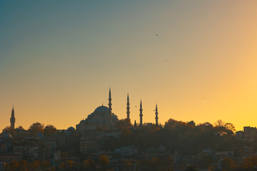 Silhouette of Suleymaniye Mosque at sunset with orange sky.