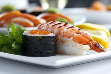 Delicious sushi plate featuring shrimp, sushi roll with roe, garnished with lettuce and lemon slices for a culinary feast