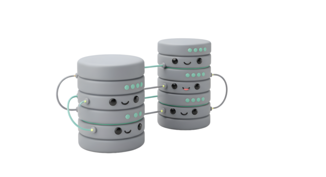 Whimsical Database Servers with Cartoon Faces Connecting with Cables Illustration