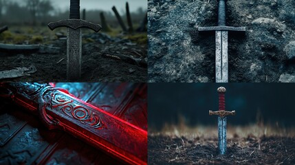 Four close-up shots of ancient swords in various settings.