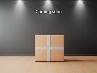 Upcoming product showcased as sealed package under spotlight in dark setting. Luxurious presentation emphasizes secrecy, brand exclusivity, and anticipation before launch