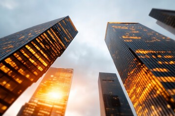 Modern skyscrapers in urban landscape with reflections and warm glow during sunset overlooking city skyline