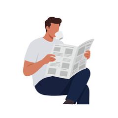 Man sitting and reading a newspaper with coffee in flat vector art