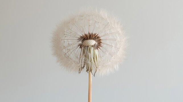 Close-up of a dandelion seed head on a wooden stick. the seed head is round and fluffy, with a pointed tip at the top. the seeds are white and appear to be floating in the air.