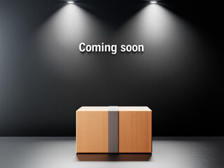 Simple cardboard box in spotlight on dark surface, representing modern marketing. Minimalist promotional concept highlights branding, product packaging, and luxury presentation.