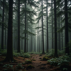 Fototapeta premium Beautiful dark and green woods An impressive sight of a Deodar forest