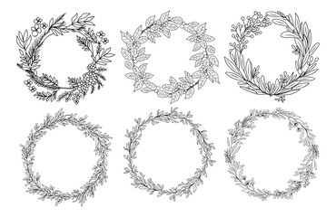 Set of hand drawn Christmas wreath. Circle frame with winter plants, mistletoe, holly, pine cone, fir branch. Vector line art isolated on transparent background. Design element for card, invitation.
