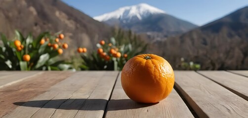 Photo of a fresh orange without leaves on a wooden table with an orange grove in the background