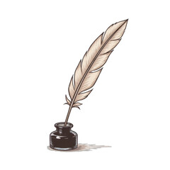 Vintage ink well with feather quill, elegant writing tool resting in classic black base, perfect for historical themes or elegant designs. Isolated on white background or PNG