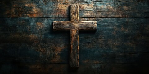 Wooden cross against a dark wooden background evokes feelings of faith and spirituality
