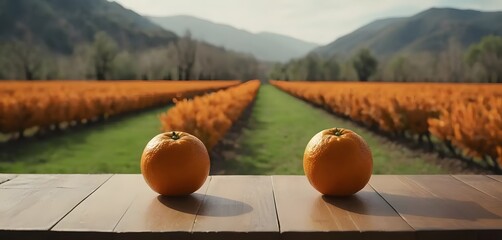 Photo of a fresh orange without leaves on a wooden table with an orange grove in the background