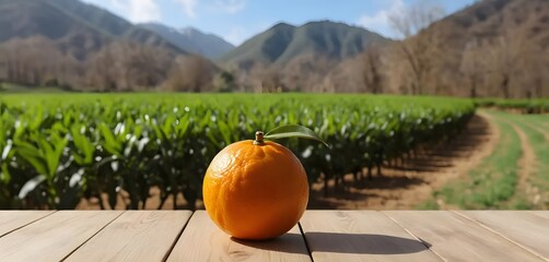Photo of a fresh orange without leaves on a wooden table with an orange grove in the background