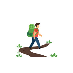 Hiker walking on a trail with a backpack in flat design vector art