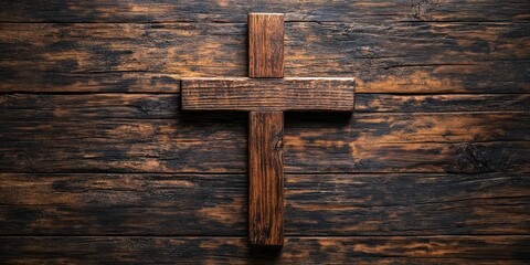 Rustic wooden cross displayed on a textured wooden background for spiritual reflection and faith