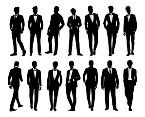 Silhouettes of elegant men wearing formal, black tie outfit, suit, tuxedo for evening Christmas, New Year, Wedding event celebration. Vector monochrome black illustrations isolated